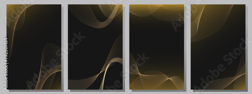 Luxury gala invitation card with Golden elegant wavy lines on black background. Premium design template for wedding invitation, grand opening, business card.