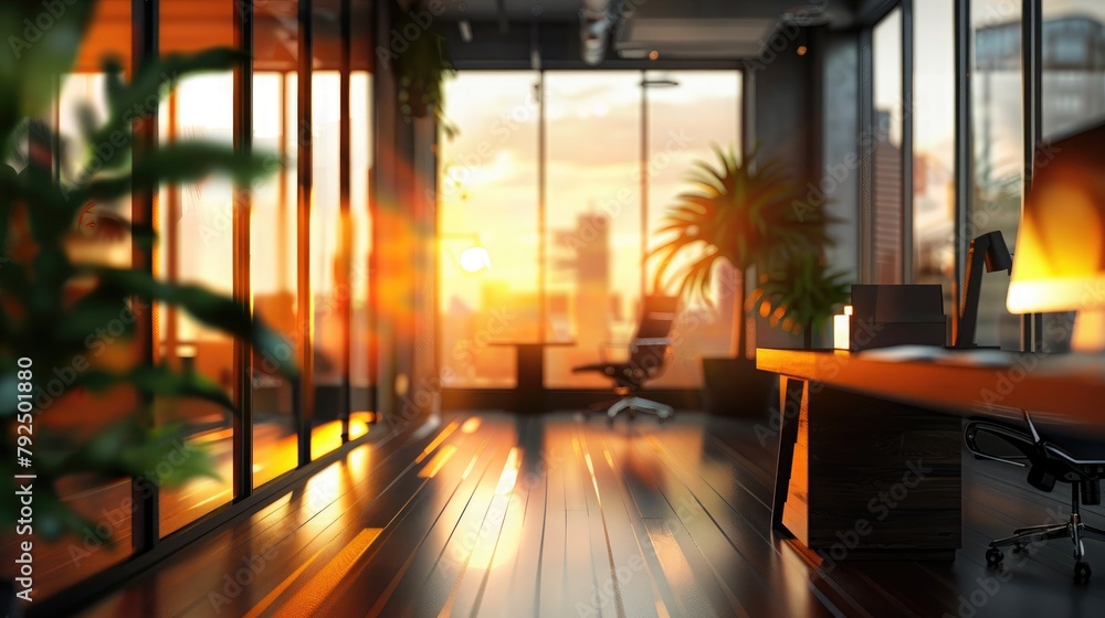 Modern office interior with glass walls, panoramic banner, blurred background