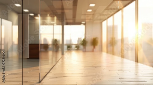 Modern office interior with glass walls  panoramic banner  blurred background