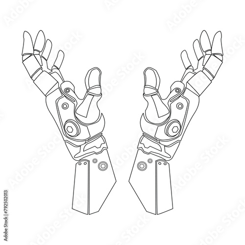 Robot or Android Cupped Hands Line art drawing. Artificial intelligence and modern technology concept. Two open robot arms folded together vector illustration. Bionic hands outline drawing