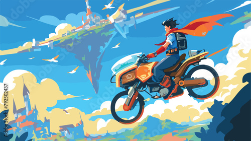 Sky bike tour. Fantasy illustration 2d flat cartoon