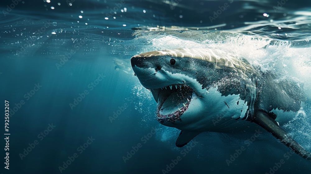 Fototapeta premium Thrilling great white attack in the sea, vast copy space, clean background, intense