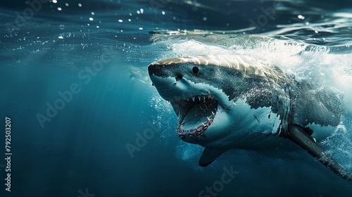 Thrilling great white attack in the sea, vast copy space, clean background, intense