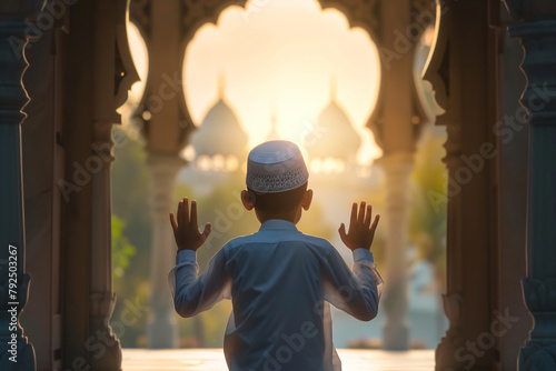 Photo back view of asian muslim kid with cap praying © yuniazizah