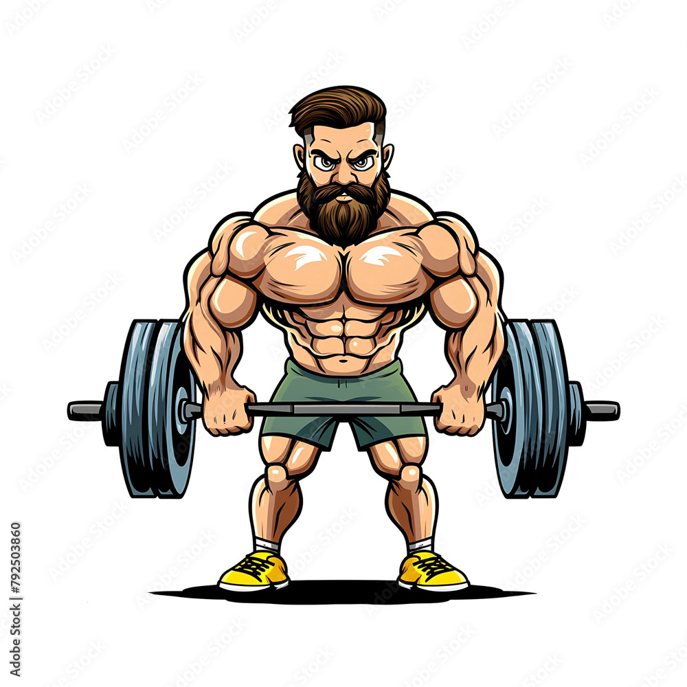 Muscular cartoon man confidently lifts a heavy barbell, showcasing his strength and dedication to fitness. Generative AI Muscular cartoon man confidently lifts a heavy barbell, showcasing his strength and dedication to fitness. Generative AI