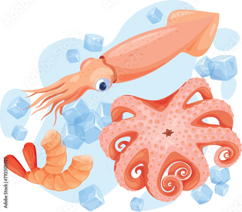 Frozen fresh seafood octopus shrimp squid with ice cubes isometric vector illustration