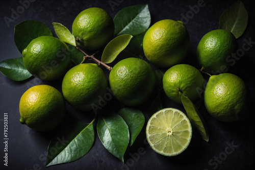 Lime top view ai generated. Limes with leaves on dark background. Lime background with leaves, branch and slice. Generative AI.