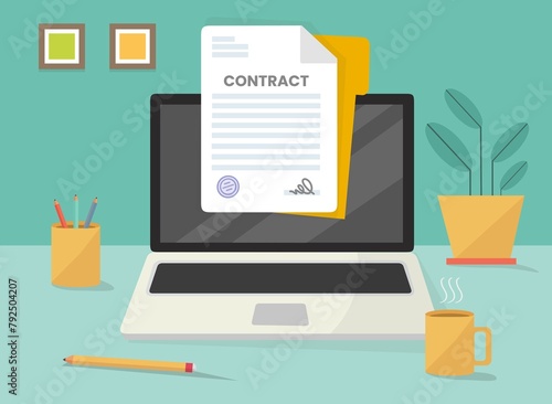 Concetto contratto aziendale virtuale su computer portatile - illustrazioni