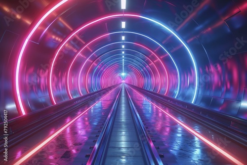 Witness the futuristic essence of a high-speed train racing through a tunnel with sleek design, motion blur, and neon lighting. © Kanisorn