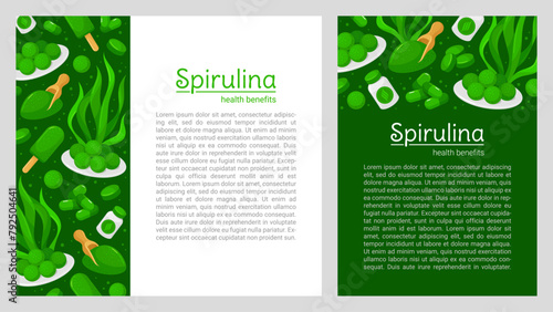 Spirulina algae superfood health benefits poster background design template set vector illustration