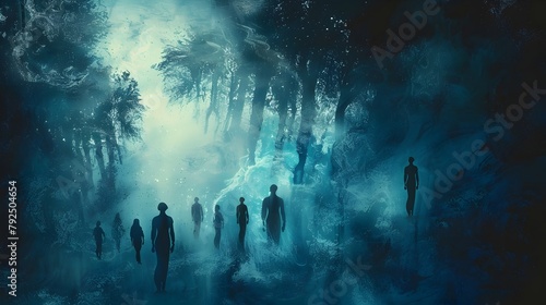 Whispers of Courage:Silhouetted Figures Facing Challenges in a Misty Forest Landscape