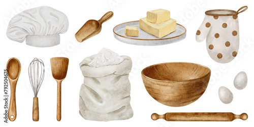 Set of kitchen utensil elements and baking ingredients flour, eggs, butter, spoon, bowl, rolling pin, whisk, scoop. Watercolor isolated hand drawn illustrations for food bloggers, recipes