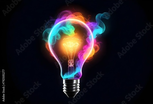 A colorful glowing light bulb with smoke swirling around it against a dark background