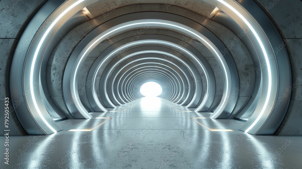 Fototapeta premium Minimalist 3D model of a next-gen particle accelerator, sleek circular design in a high-tech facility.