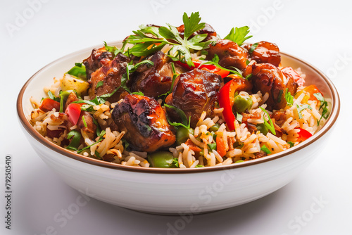 Rice with chicken and vegetables in a bowl on white background. photo