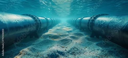 Underwater pipeline. A pair of submerged pipelines running across the ocean floor, illustrating undersea infrastructure against a serene blue backdrop.