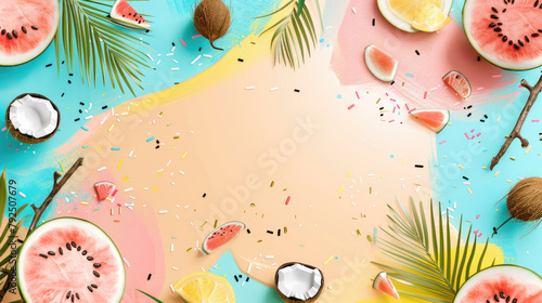 Creative summer banner template with copy space for text. Tropical Background with shapes, coconuts, watermelons