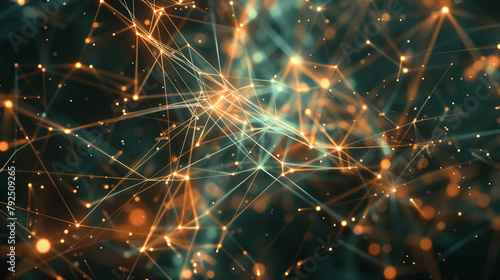 A dynamic network of interconnected golden nodes and lines against a deep teal background suggests a complex web of digital connectivity. photo