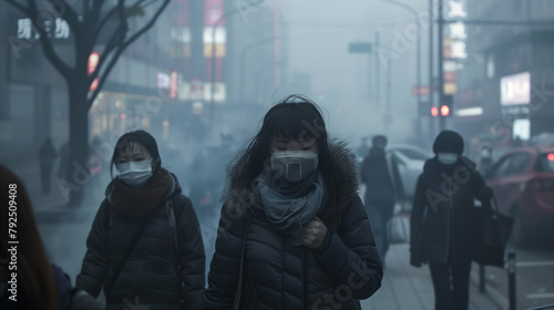 A person wearing a warm hat and a protective face mask stands out against a backdrop of hazy, crowded city streets.