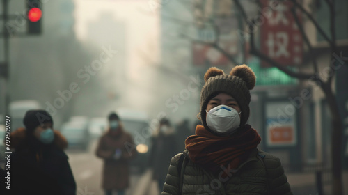 A person in a winter hat and face mask stands out against the hazy backdrop of a busy city street, capturing a moment of urban life amidst air pollution.