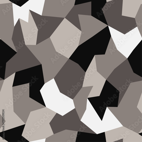 Subtle monochrome geometric camouflage vector seamless pattern. Collection of polygon-shaped fragments designed as a surface art texture that may be printed or used in graphic design.
