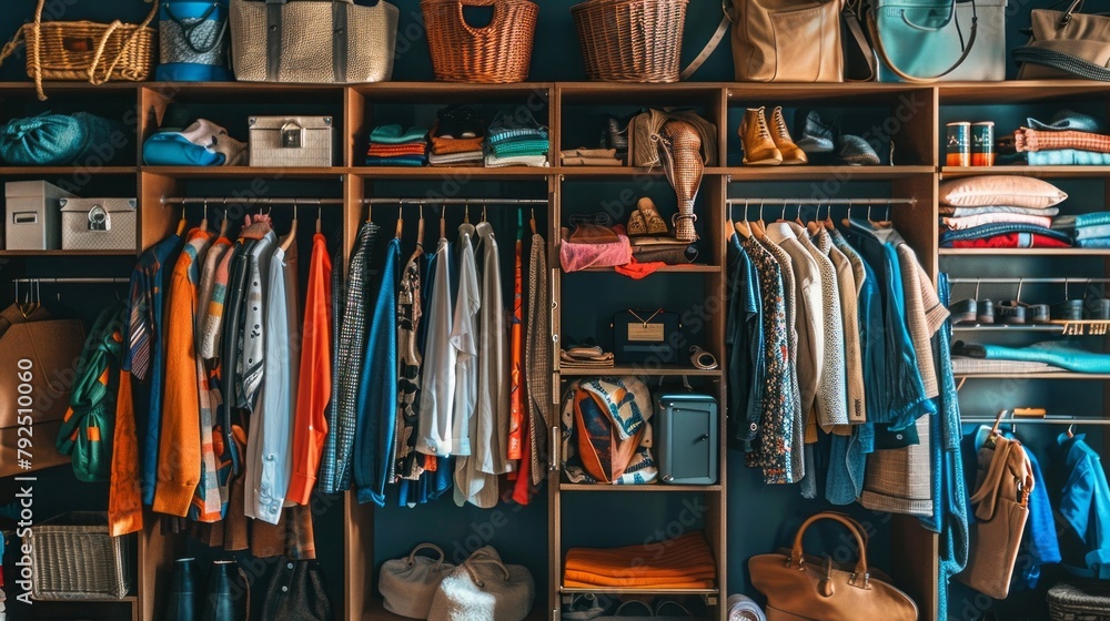 A closet full of clothes, including a few red and blue shirts