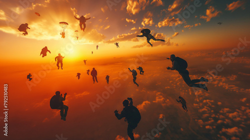 Group of adventure enthusiasts sky diving at sunrise with parachutes photo