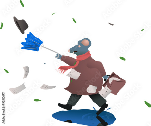 Cartoon character fat rat in coat on strong wind. Vector illustration: a humanoid rat fights with the wind, his umbrella broke, his suitcase with papers opened and the shoyapa flew away. In addition