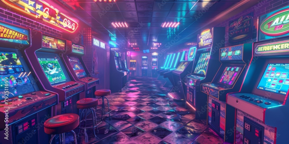 Naklejka premium retro arcade roomvintage arcade games and neon lights