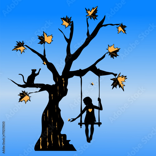Illustration of a stylized tree and a girl on a swing. Vector illustration silhouette of a magic tree with butterflies and leaves like maple. Gold glitter on accented subjects. A cat in a tree catches