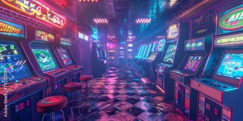 retro arcade roomvintage arcade games and neon lights photo