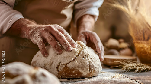 Close up of baker's hands making bread on floured surface, morning lights. The art of bread making: hands shaping fresh dough. Close-up of dough preparation for artisan baking