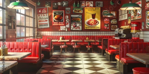 retro themed pizzeriared vinyl booths and checkered floors