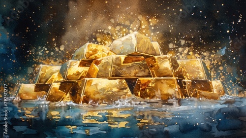 Shimmering Wealth: Use watercolors to portray the escalating value of gold. photo