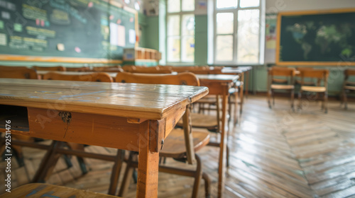 An empty classroom with wooden desks  chairs  and multiple chalkboards  suggestive of a traditional educational setting with no students present.