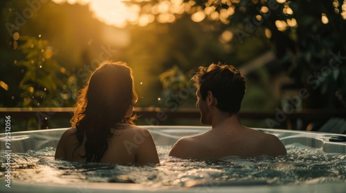 Couple in love sits in the jacuzzi and enjoys the moment.