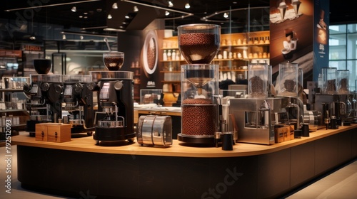 A mesmerizing display of various coffee machines in a bustling coffee shop