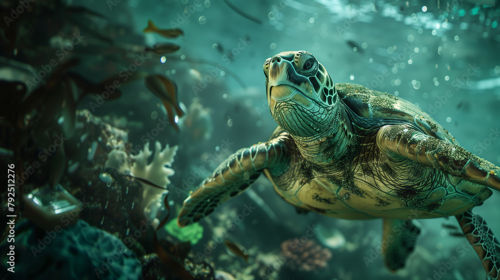 Fototapeta premium A sea turtle is swimming through water speckled with light, flanked by aquatic plants and small fish, evoking a sense of underwater serenity.
