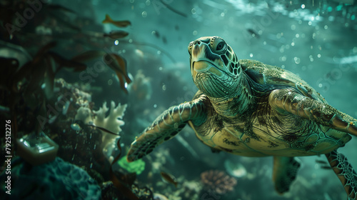 A sea turtle is swimming through water speckled with light, flanked by aquatic plants and small fish, evoking a sense of underwater serenity. © cepjay
