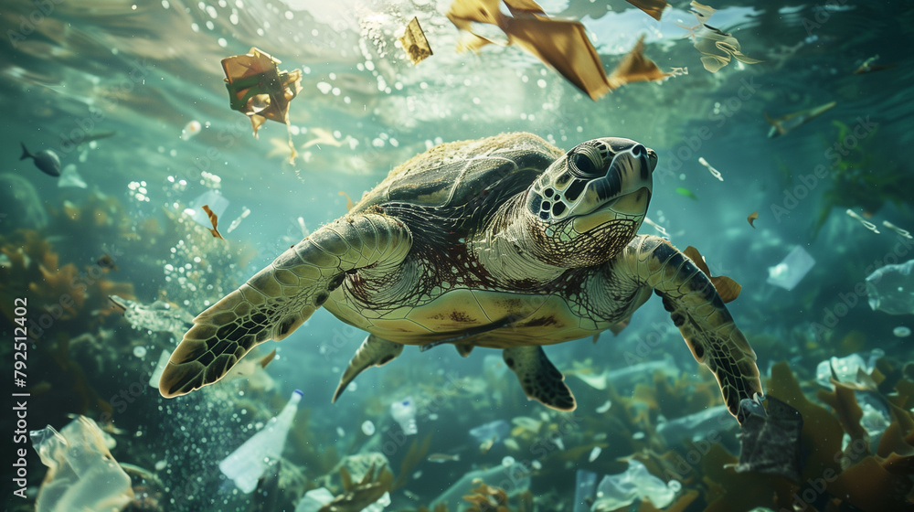 Obraz premium A sea turtle swims amidst a murky underwater landscape cluttered with plastic waste, casting a spotlight on the dire issue of ocean pollution.