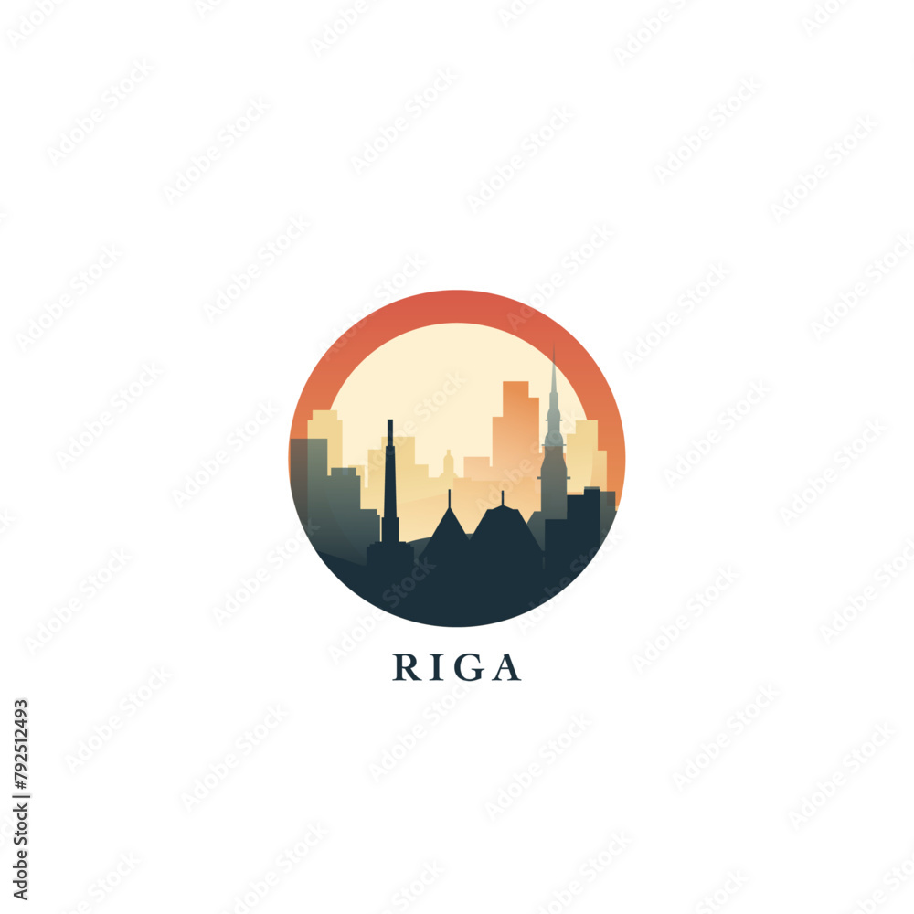 Riga cityscape, gradient vector badge, flat skyline logo, icon. Latvia city round emblem idea with landmarks and building silhouettes. Isolated graphic