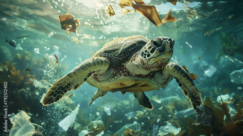 A sea turtle swims amidst a murky underwater landscape cluttered with plastic waste, casting a spotlight on the dire issue of ocean pollution. © cepjay