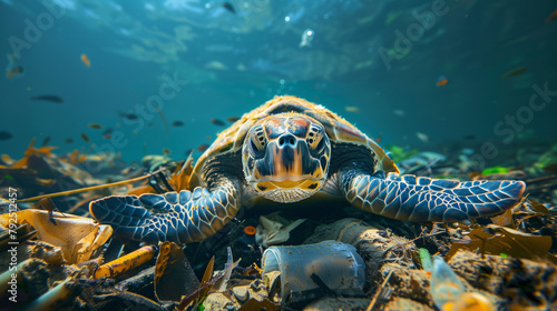 A sea turtle rests on the ocean floor amidst scattered debris, highlighting the impact of pollution on marine life.