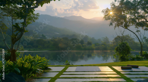 Dawn breaks over a tranquil yoga space by a calm lake, nestled within a lush landscape, inviting a sense of peace and connection with nature.