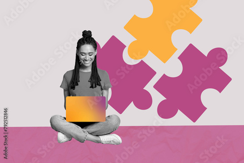 Sketch image composite trend artwork 3D photo collage of silhouette young hardworking lady hold laptop slove puzzle creative thinking photo