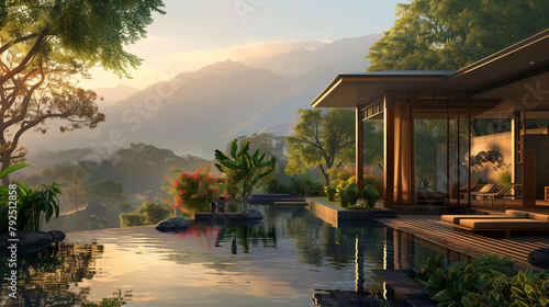 A luxurious open-concept house with a reflective infinity pool overlooks a breathtaking mountainous landscape at sunrise, encapsulating a serene and upscale retreat ambiance.