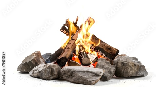 Roaring Campfire Flames Igniting Glowing Embers on Rustic Rock Background © Natanong