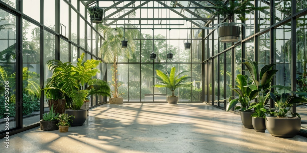 Modern GreenhouseGlass Walls and Hanging Plants - Botanical Garden Interior View