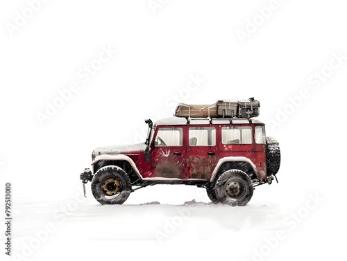 Vintage 4x4 Expedition Vehicle on Snowy Wilderness Landscape