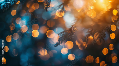 Blurred holiday lights creating a warm bokeh effect behind silhouette of pine branches, conveying a festive, cozy winter atmosphere.